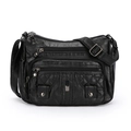 Borsa a tracolla in pelle PU nera lavata da donna con tasche multiple con zip e dettagli trapuntati - Nero