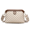 Vintage crossbodytas van beige canvas met bruine lederen rand en brede riemen met print - Wit