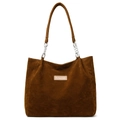 Large dark brown suede tote bag with leather straps and silver metal chain details - Brown