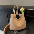 Grande borsa tote in paglia intrecciata beige con manici in pelle marrone e tulipani - Cachi