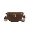 Dark brown suede crescent fanny pack with bohemian woven strap and gold zipper - Brown