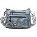 Blaue Denim-Umhängetasche mit vielen Taschen und verstellbarem breitem Schultergurt - Blau