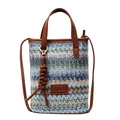 Handwoven straw tote bag with colorful wave patterns and brown leather handles - Blue