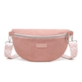 Pink corduroy crossbody bag with woven shoulder strap and silver metal zipper detail - Pink