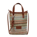 Colorful woven straw bucket bag with brown leather straps for summer beach holidays - Brown