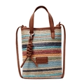 Vertical striped straw crossbody bag with colorful woven patterns and brown leather straps - Colorful