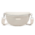 Beige corduroy crossbody bag with adjustable geometric woven strap and zip closure - White