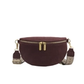 Deep wine red suede crossbody bag with vintage bohemian jacquard strap and gold zippers - Red