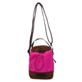 Japanese style pink checkered nylon drawstring crossbody bag with brown trim and strap - Below 20L / Brown and Rose Red