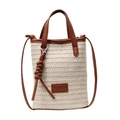 Mini cylindrical straw bucket bag in beige and caramel patchwork with crossbody strap - Off White