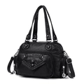 Bolso bandolera de cuero suave negro vintage con múltiples bolsillos y cremallera floral - Negro