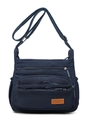 Borsa a tracolla in nylon blu scuro con tre tasche con zip e toppa in pelle di marca - Blu