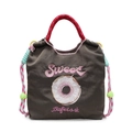 Sac fourre-tout en toile grise avec broderie rose et poignées rouges tressées - Gris