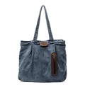 Large vintage washed denim tote bag in dark blue with front zipper and leather accents - 38*12*32 / Blue