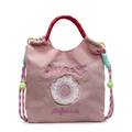 Sac à main rose en toile avec broderie donut Sweet et anses tressées rouges sur blanc - Rose