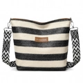 Borsa tote tessuta a righe bianche e nere con tracolla larga e patch in pelle marrone - Nero
