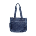 Borsa tote in denim lavato blu scuro con ampia tasca principale e tasche laterali - Blu scuro