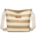 Borsa tote in paglia a righe panna e marroni con tracolla in jacquard a fantasia - Cachi