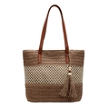 Borsa tote in paglia a righe marroni e crema con manici in pelle e nappa decorativa - Marrone