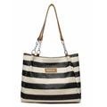 Large woven tote bag with black and white stripes and brown leather straps - Black