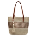 Borsa tote in paglia intrecciata beige e marrone con manici in pelle e nappine - Bianco Sporco