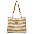 Large beige and white striped straw tote bag with brown leather handles and brand tag - Khaki