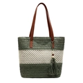 Borsa tote in paglia intrecciata verde e crema con manici in pelle e nappa - Verde