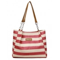 Large woven tote bag featuring red and white stripes with brown leather chain strap - Red