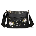 Sac bandoulière en nylon noir avec broderie florale et fermetures éclair dorées - Noir