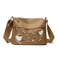 Sac bandoulière en nylon kaki brodé avec compartiments zippés et bandoulière large - Marron