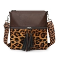 Leopard print crossbody bag for women with dark brown leather and tassel detail - Coffee