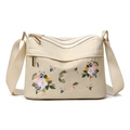 Sac bandoulière en nylon beige avec broderie florale et compartiments à fermeture éclair - Blanc Cassé