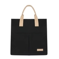 Minimalist black canvas tote bag with beige handles and dual front pockets for laptop - Black