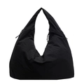Large black crescent nylon tote bag with drawstring details and spacious shoulder strap - Black