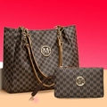 Conjunto de bolso tote y bolso de mano marrón con patrón M y correa de cadena - Marrón