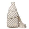 Schicke beige Umhängetasche mit grauem Buchstaben-Jacquard und breitem Gurt - Gebrochenes Weiß