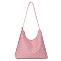 Pink polka dot tote bag with adjustable shoulder strap and zipper closure - Polka Dot Pink