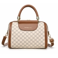 Beige and brown Boston bag with M-letter print and adjustable shoulder strap - White
