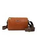 Brown crocodile embossed pillow handbag with gold metal kangaroo logo and wide strap - Brown