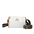 White crocodile-embossed pillow bag with gold kangaroo logo and wide woven strap - White
