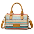 Multicolor striped woven Boston bag with brown leather handles and a long shoulder strap - Yellow
