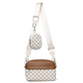 Brown leather and gray M-print messenger bag set with adjustable wide nylon strap - Off White