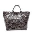 Glänzende Shopper-Tasche mit Leopardenmuster, TOTE BAG-Aufdruck und großem Volumen - Kaffeebraun