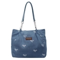 Borsa tote in denim blu con motivi a fiocco ricamati e tracolla a catena argento - Azzurro