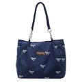 Borsa tote in denim blu scuro con stampe a fiocco bianco e dettagli in catena metallica - Blu scuro