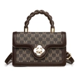 Brown monogram small square bag with woven handle and gold flower clasp for women - Brown