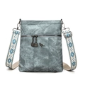 Sac bandoulière en cuir PU gris bleu avec large sangle ethnique et pendentif de kangourou - Bleu