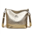 Golden Boston bag with ostrich texture finish and elegant metallic kangaroo logo - Gold