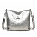 Silver boston shoulder bag with ostrich embossed texture and kangaroo metal logo accent - Silver