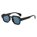 Retro square frame black sunglasses with deep blue lenses shown from a 45-degree angle - Black Frame Grey Lens